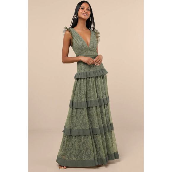Lulu's Dresses & Skirts - Lulus Marvelous Darling Olive Lace Ruffled Tiered Maxi Dress NEW Medium Prom